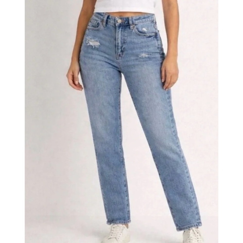 American Eagle Mom Straight Jeans Medium Wash Distressed Womens 10 Fall